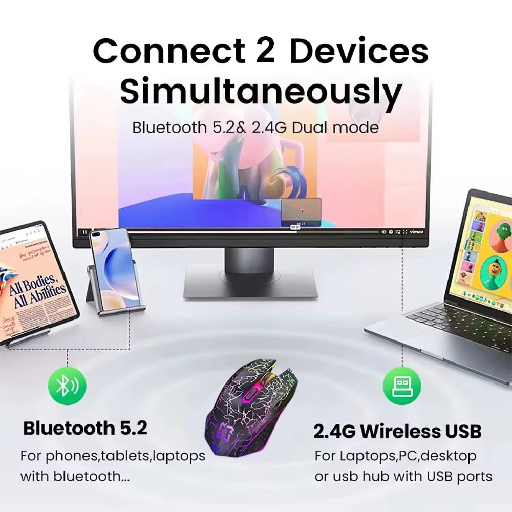 Silent Rechargeable 2.4G Bluetooth Gaming Mouse - 800-1200-1600 DPI for PC, Laptop & Macbook